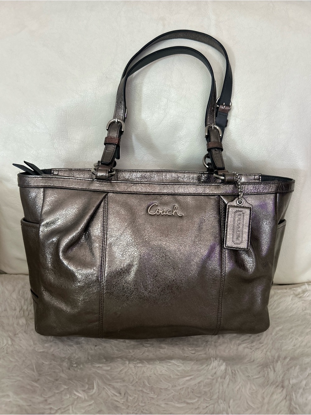 Coach Gallery Tote Metallic Pewter Leather Shoulder Bag F17721 East West
